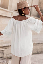 Load image into Gallery viewer, White Frilly Off Shoulder Lace Insert Sleeve Textured Blouse - Fashion Queen - 2