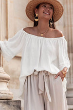 Load image into Gallery viewer, White Frilly Off Shoulder Lace Insert Sleeve Textured Blouse - Fashion Queen - 3