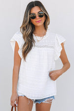 Load image into Gallery viewer, White Lace Neckline Flutter Sleeve Eyelets Blouse - Fashion Queen - 1