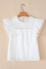 Load image into Gallery viewer, White Lace Neckline Flutter Sleeve Eyelets Blouse - Fashion Queen - 10