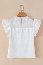 Load image into Gallery viewer, White Lace Neckline Flutter Sleeve Eyelets Blouse - Fashion Queen - 11