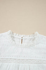 Load image into Gallery viewer, White Lace Neckline Flutter Sleeve Eyelets Blouse - Fashion Queen - 12