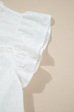 Load image into Gallery viewer, White Lace Neckline Flutter Sleeve Eyelets Blouse - Fashion Queen - 13