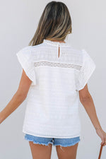 Load image into Gallery viewer, White Lace Neckline Flutter Sleeve Eyelets Blouse - Fashion Queen - 2