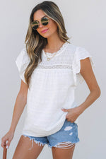 Load image into Gallery viewer, White Lace Neckline Flutter Sleeve Eyelets Blouse - Fashion Queen - 3