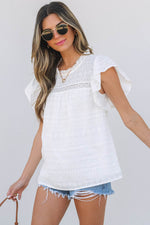 Load image into Gallery viewer, White Lace Neckline Flutter Sleeve Eyelets Blouse - Fashion Queen - 4