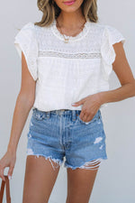 Load image into Gallery viewer, White Lace Neckline Flutter Sleeve Eyelets Blouse - Fashion Queen - 5