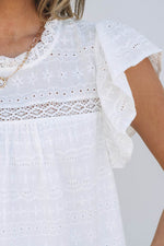 Load image into Gallery viewer, White Lace Neckline Flutter Sleeve Eyelets Blouse - Fashion Queen - 7