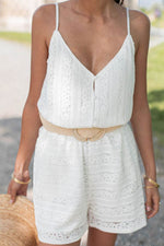 Load image into Gallery viewer, White Lace Spaghetti Strap V Neck Loose Fit Romper - Fashion Queen - 7