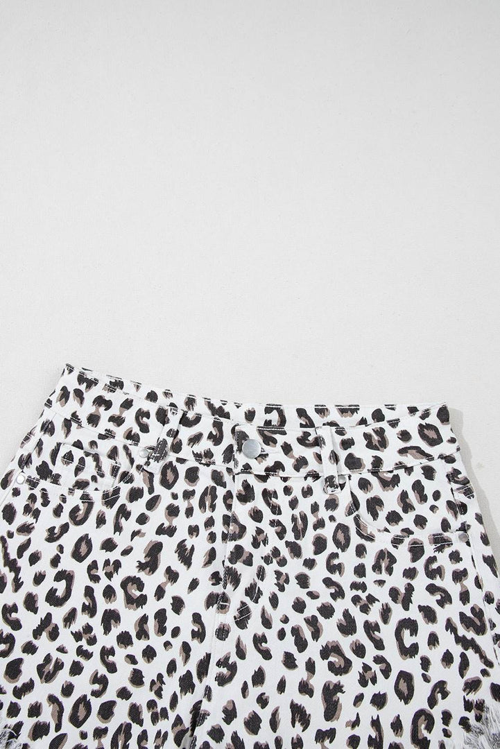 White Leopard Frayed Hem Denim Shorts - Fashion Queen -  10