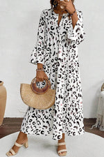 Load image into Gallery viewer, White Leopard Print Notch V Neck Loose Fit Maxi Dress - Fashion Queen - 1