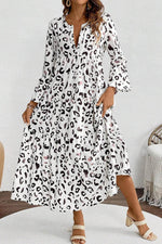 Load image into Gallery viewer, White Leopard Print Notch V Neck Loose Fit Maxi Dress - Fashion Queen - 3