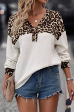Load image into Gallery viewer, White Leopard Waffle Knit Patchwork Button V Neck Top - Fashion Queen - 1