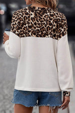 Load image into Gallery viewer, White Leopard Waffle Knit Patchwork Button V Neck Top - Fashion Queen - 2