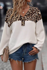 Load image into Gallery viewer, White Leopard Waffle Knit Patchwork Button V Neck Top - Fashion Queen - 3