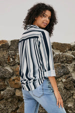 Load image into Gallery viewer, White Navy Striped Modern Women Shirt - Fashion Queen - 10