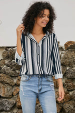 Load image into Gallery viewer, White Navy Striped Modern Women Shirt - Fashion Queen - 11