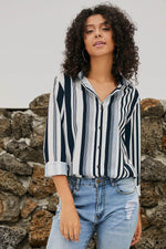 Load image into Gallery viewer, White Navy Striped Modern Women Shirt - Fashion Queen - 12