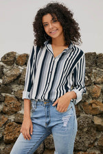 Load image into Gallery viewer, White Navy Striped Modern Women Shirt - Fashion Queen - 13