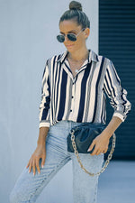 Load image into Gallery viewer, White Navy Striped Modern Women Shirt - Fashion Queen - 8