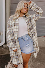 Load image into Gallery viewer, White Plaid Print Tunic Plus Size Shacket with Slits - Fashion Queen - 12