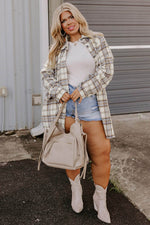 Load image into Gallery viewer, White Plaid Print Tunic Plus Size Shacket with Slits - Fashion Queen - 13