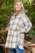 Load image into Gallery viewer, White Plaid Print Tunic Plus Size Shacket with Slits - Fashion Queen - 3