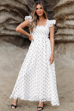 Load image into Gallery viewer, White Polka Dot Flutter Sleeve Square Neck Smocked Maxi Dress - Fashion Queen - 1