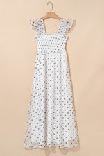 Load image into Gallery viewer, White Polka Dot Flutter Sleeve Square Neck Smocked Maxi Dress - Fashion Queen - 12