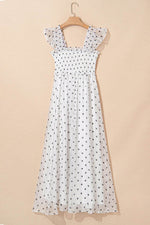 Load image into Gallery viewer, White Polka Dot Flutter Sleeve Square Neck Smocked Maxi Dress - Fashion Queen - 13