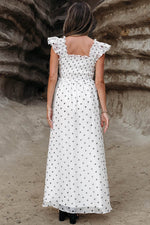 Load image into Gallery viewer, White Polka Dot Flutter Sleeve Square Neck Smocked Maxi Dress - Fashion Queen - 5