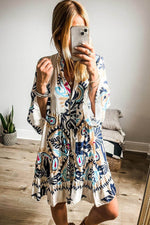 Load image into Gallery viewer, White Printed Tribal Bracelet Sleeve Buttoned Mini Dress - Fashion Queen - 10