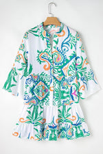 Load image into Gallery viewer, White Printed Tribal Bracelet Sleeve Buttoned Mini Dress - Fashion Queen - 27