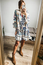 Load image into Gallery viewer, White Printed Tribal Bracelet Sleeve Buttoned Mini Dress - Fashion Queen - 3