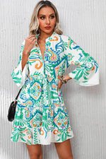 Load image into Gallery viewer, White Printed Tribal Bracelet Sleeve Buttoned Mini Dress - Fashion Queen - 9