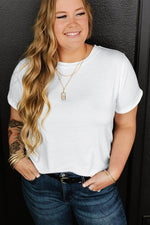 Load image into Gallery viewer, White Round Neck Rolled Sleeve Plus Size T-shirt - Fashion Queen - 10