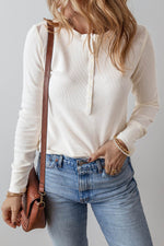 Load image into Gallery viewer, White Solid Color Waffle Half Button Long Sleeve Top - Fashion Queen -  1
