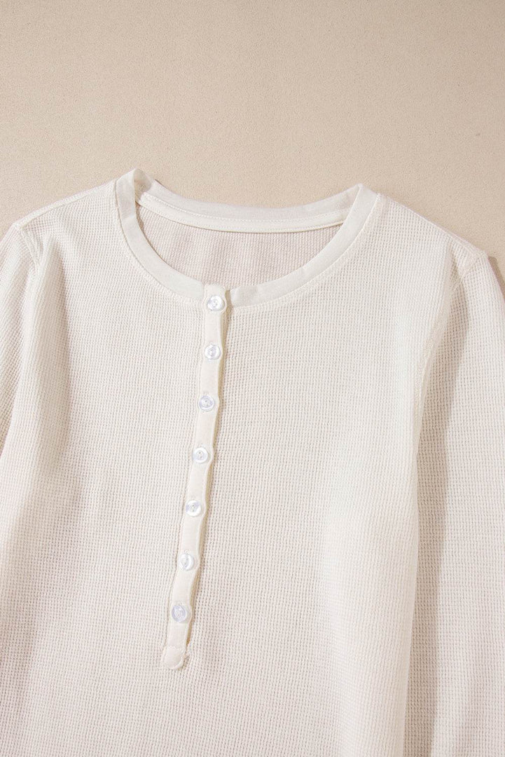 White Solid Color Waffle Half Button Long Sleeve Top - Fashion Queen -  10