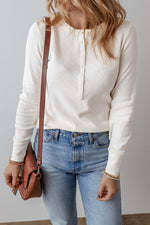 Load image into Gallery viewer, White Solid Color Waffle Half Button Long Sleeve Top - Fashion Queen -  3