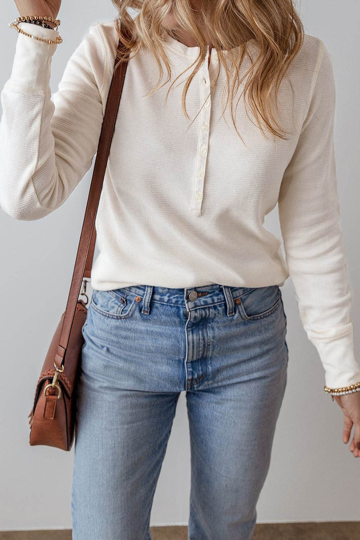 White Solid Color Waffle Half Button Long Sleeve Top - Fashion Queen -  4