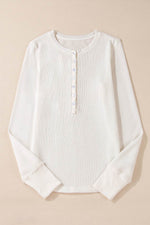 Load image into Gallery viewer, White Solid Color Waffle Half Button Long Sleeve Top - Fashion Queen -  5