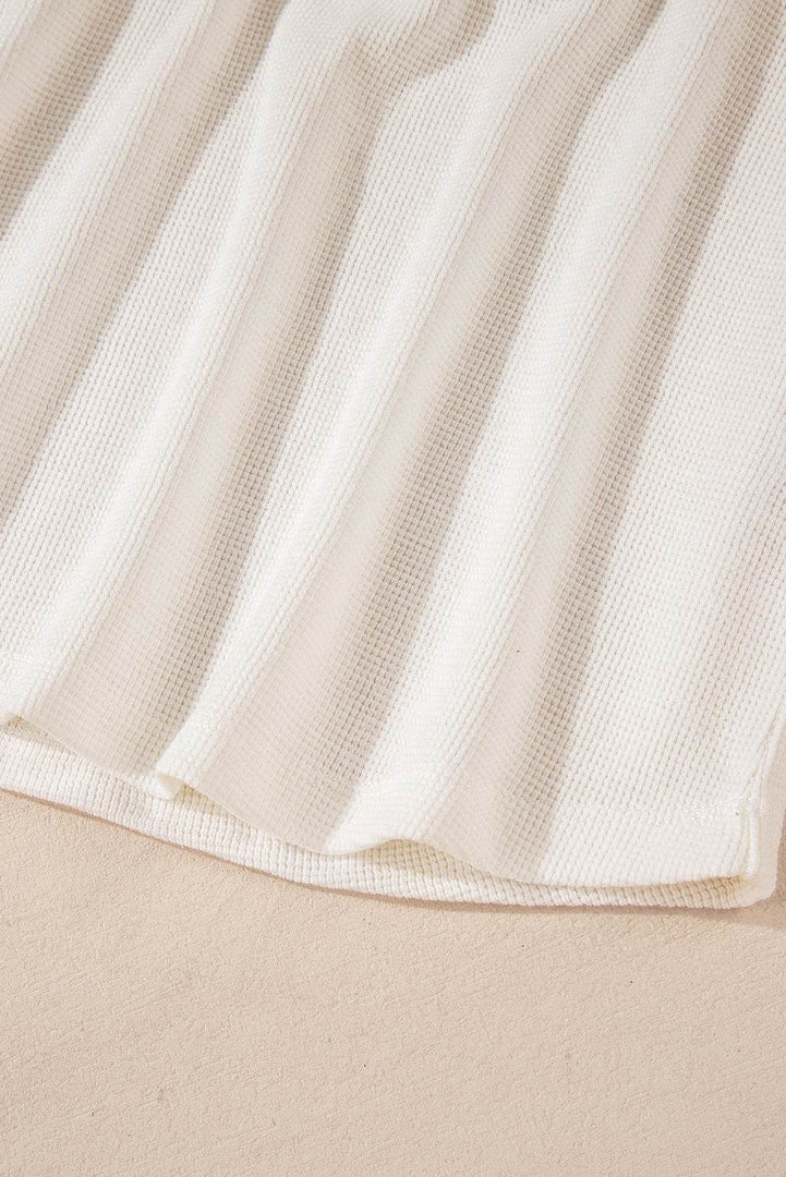 White Solid Color Waffle Half Button Long Sleeve Top - Fashion Queen -  7