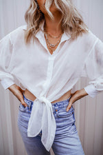 Load image into Gallery viewer, White Solid Knotted Front Loose Fit Sheer Shirt - Fashion Queen - 4