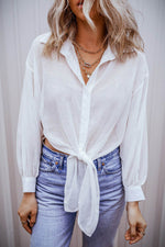 Load image into Gallery viewer, White Solid Knotted Front Loose Fit Sheer Shirt - Fashion Queen - 5