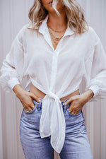 Load image into Gallery viewer, White Solid Knotted Front Loose Fit Sheer Shirt - Fashion Queen - 6