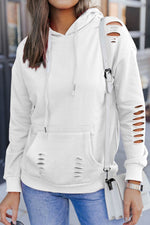 Load image into Gallery viewer, White Solid Ripped Hooded Sweatshirt with Kangaroo Pocket - Fashion Queen - 1