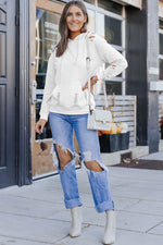 Load image into Gallery viewer, White Solid Ripped Hooded Sweatshirt with Kangaroo Pocket - Fashion Queen - 7