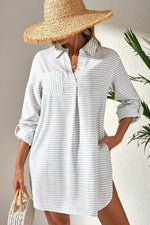 Load image into Gallery viewer, White Stripe Collared V Neck Chest Pocket Long Sleeve Beach Cover up - Fashion Queen - 1