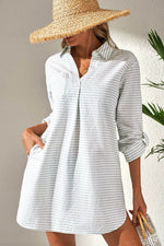 Load image into Gallery viewer, White Stripe Collared V Neck Chest Pocket Long Sleeve Beach Cover up - Fashion Queen - 3