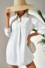 Load image into Gallery viewer, White Stripe Collared V Neck Chest Pocket Long Sleeve Beach Cover up - Fashion Queen - 5